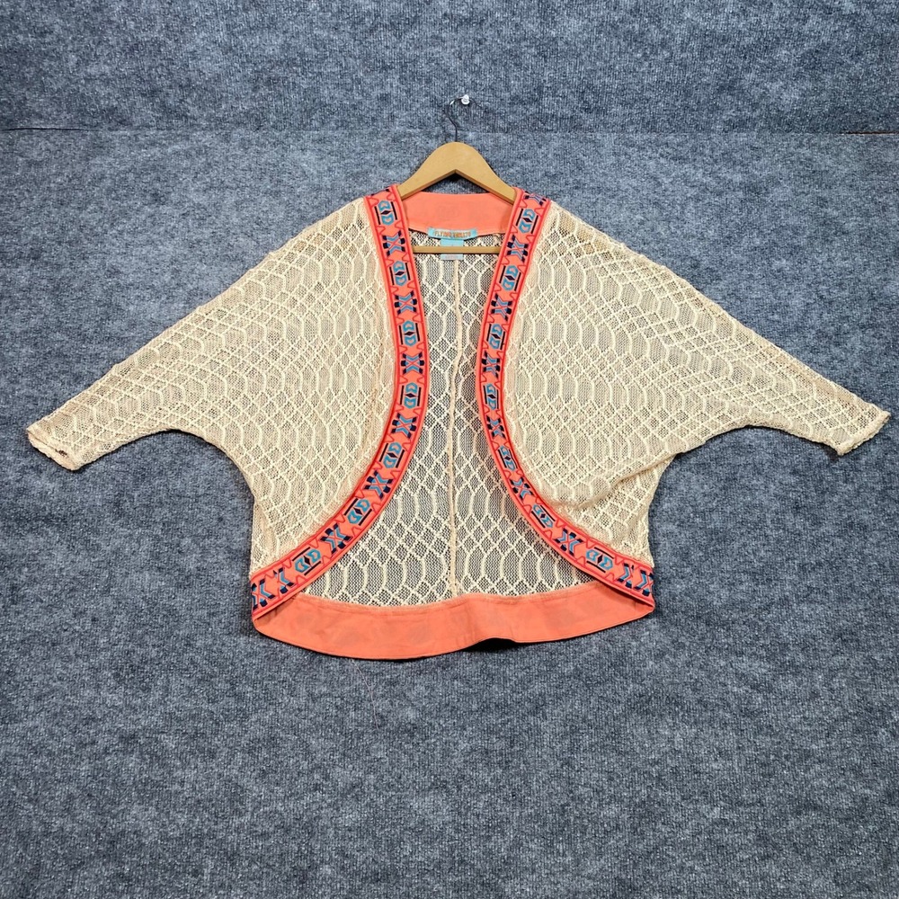 Flying Tomato Womens Small Cream Crochet Lace Kimono Coral Embroidered Boho
